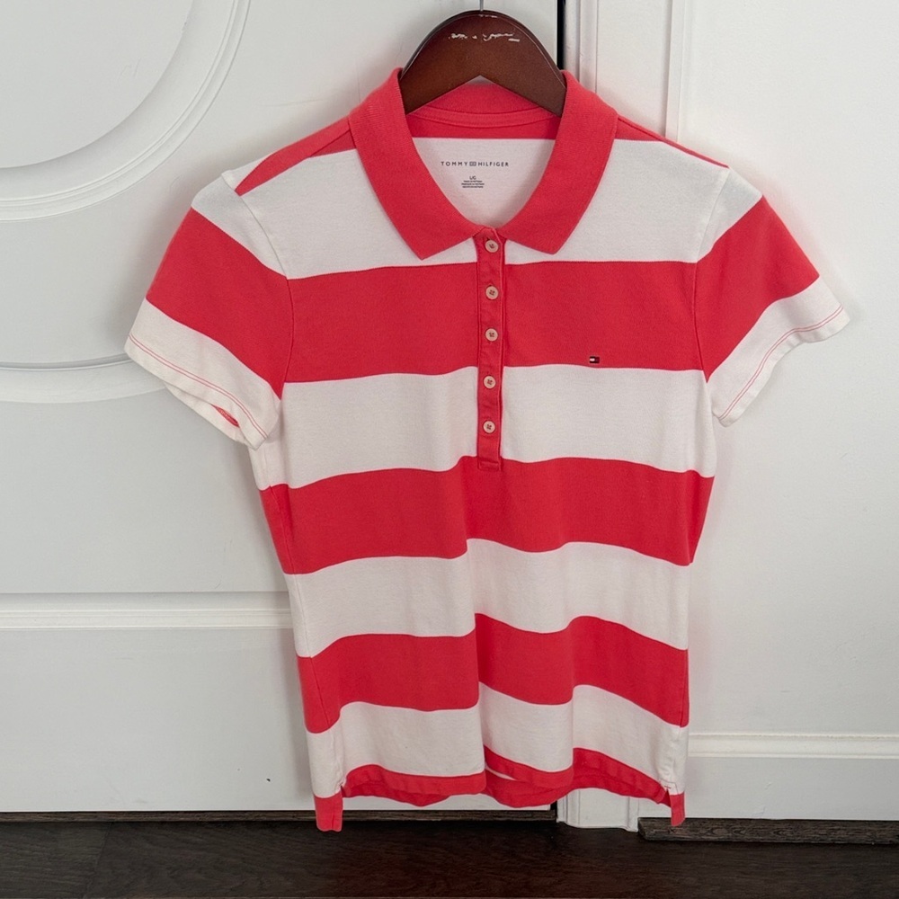 Tommy Hilfiger Coral and White Striped Polo Shirt - Picture 1 of 3